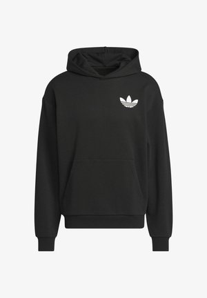 Black hoodie made of cotton blend, features a front pocket, ribbed cuffs and hem, with white logo of three stripes on chest.
