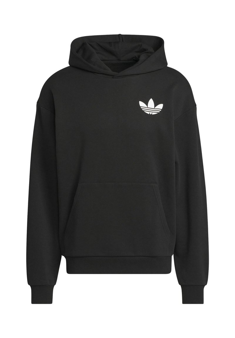 Zwarte hoodie van een katoenmix, met een voorzak, ribgebreide manchetten en zoom, en een wit logo van drie strepen op de borst.