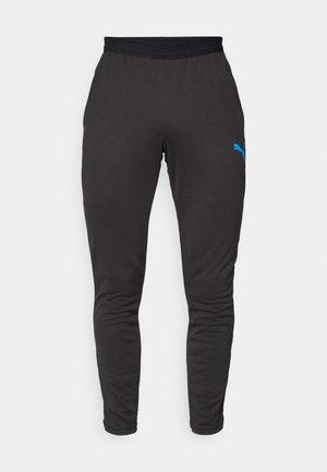 Black athletic pants made of lightweight material, featuring a tapered fit, elastic waistband, and a blue Puma logo on the left thigh.
