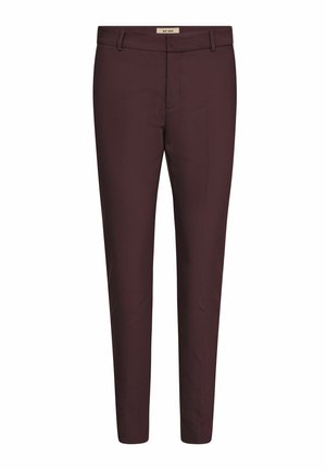 Pantaloni tailored burgundy cu croi slim, având fermoar frontal, pătrățele pentru curea și o textură fină a materialului. Potriviți pentru ținute formale.