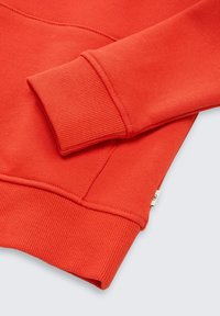 Hanorac roșu cu manșete și tiv din material ribbed. Textură de țesătură netedă, având cusături și o etichetă mică cu logo pe lateral.