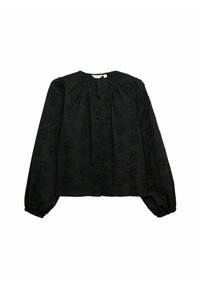 Svart blus i texturerad tyg med blommig broderi, långa puffärmar, rund halsringning och knäppning fram.