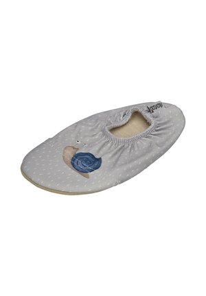 Light gray fabric slipper with gathered elastic opening and a blue snail illustration on top.