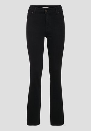 Jeans évasés noirs en denim, dotés de cinq poches, d'une fermeture à l'avant avec un bouton et d'une texture lisse et uniforme.