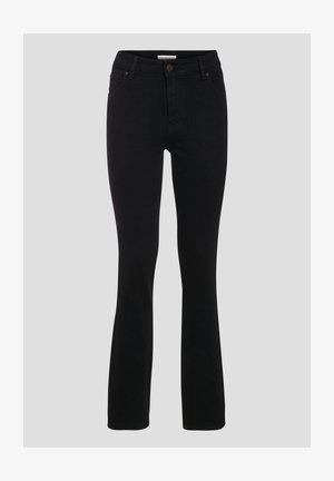 Zwarte flared jeans van denim, met vijf zakken, een voorsluiting met een knoop en een gladde, egalen textuur.