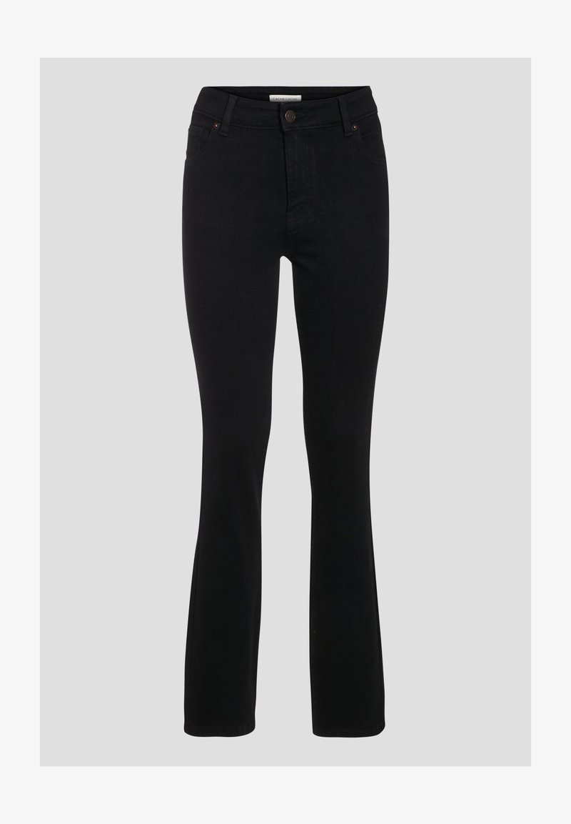 Black flared jeans made from denim, featuring five pockets, a front closure with a button, and a smooth, even texture.
