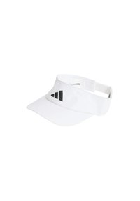 Gorra blanca con visera, hecha de material ligero, con un logo negro que presenta tres franjas en el frente. Cinta ajustable en la parte posterior.