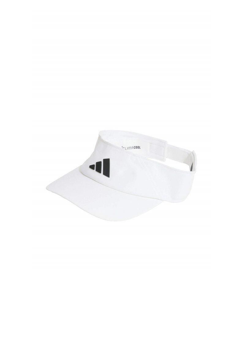 Gorra blanca con visera, hecha de material ligero, con un logo negro que presenta tres franjas en el frente. Cinta ajustable en la parte posterior.