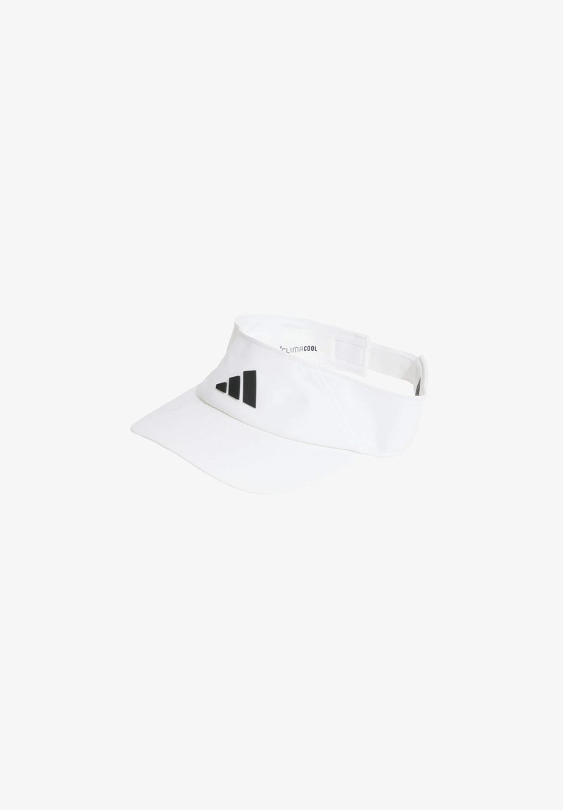 White visored cap made of lightweight material with a black logo featuring three stripes on the front. Adjustable strap at the back.