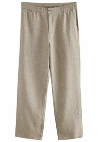Pantalones de pierna ancha, de color beige claro y fabricados con una tela texturizada. Cuentan con una cinturilla elástica y bolsillos frontales con cierre de botón.