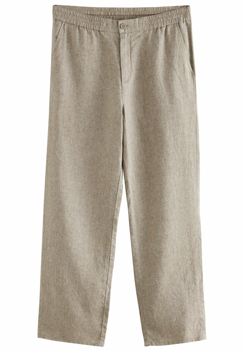 Pantalones de pierna ancha, de color beige claro y fabricados con una tela texturizada. Cuentan con una cinturilla elástica y bolsillos frontales con cierre de botón.