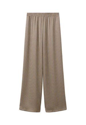 Pantalon beige à jambes larges avec fines rayures verticales, taille élastique et coupe ample s'étendant jusqu'aux chevilles.
