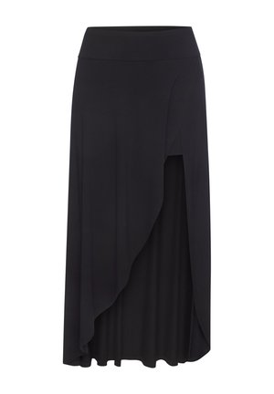Schwarzer asymmetrischer Midirock mit hohem Schlitz und mehrlagigem Wickeldetail vorne, elastischem Bund, glattem Stoff, ohne Muster.