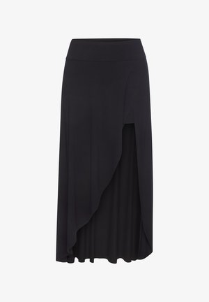 Schwarzer asymmetrischer Midirock mit hohem Schlitz und mehrlagigem Wickeldetail vorne, elastischem Bund, glattem Stoff, ohne Muster.