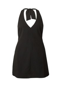 Schwarzes Halterkleid mit tiefem V-Ausschnitt und einer Schleife am Hals. Hergestellt aus einem glatten Stoff mit einem leicht lockeren Schnitt und einer ausgestellt Silhouette.