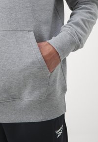 Persona che indossa una felpa grigia con la mano nella tasca frontale e pantaloni neri Reebok visibili all'altezza della vita.