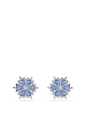 Silver stud earrings featuring a star-shaped design with light blue, faceted stones arranged in a symmetrical pattern.