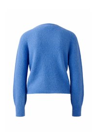 Blauer, kurz geschnittener Pullover aus weichem, strukturiertem Material. Er hat lange Ärmel und einen runden Ausschnitt, mit Rippdetails am Saum.
