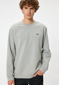 Ljusgrå sweatshirt gjord av mjukt tyg, med långa ärmar, rund halsringning och en liten svart logotyp "ESSN." på framsidan.