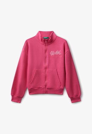 Sudadera rosa con cremallera, cuello alto, bolsillos frontales, puños y dobladillo acanalados. Presenta "United Colours of Benetton" bordado en el pecho.