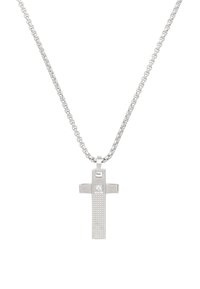 Sølv kors vedhæng halskæde med et struktureret design, der har en lille diamantdetalje, hængende fra en kæde.