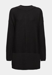 Svart stickad tröja med ribbat mönster, rund halsringning, sänkta axlar och en längre nederkant bak, med en subtil design.