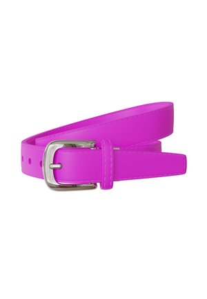 Bright pink leather belt with silver metal buckle, rolled up and stitched along the edges on a white background.