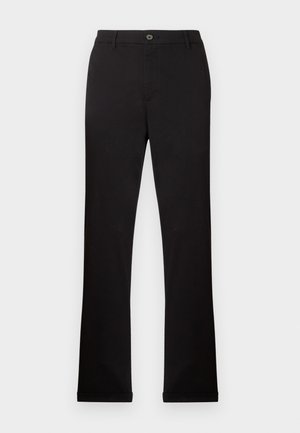 Calças de algodão pretas com pernas retas, fecho de botão e zipper, e bolsos laterais. Textura suave, sem padrões ou detalhes visíveis.