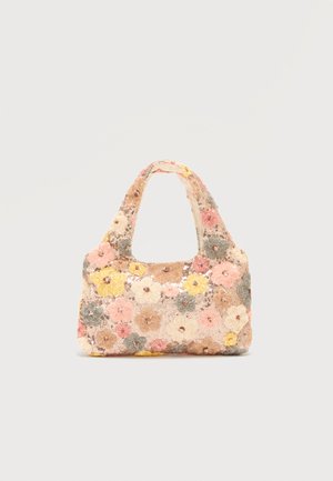 Piccola borsa a mano con manici corti, rivestita da motivi floreali multicolori in paillettes pastello rosa, giallo, beige e grigio.