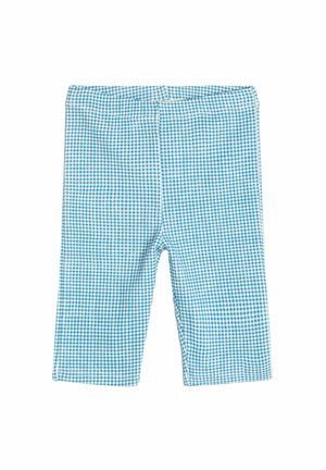 Siniset ja valkoiset ruudulliset puuvillaiset capri-housut, joissa on joustava vyötärö ja suora leikkaus. Housuissa on koko materiaalilla oleva gingham-kuvio.