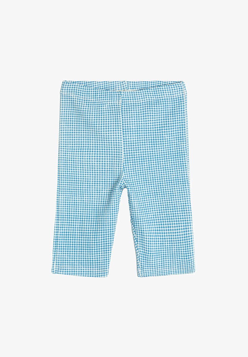 Siniset ja valkoiset ruudulliset puuvillaiset capri-housut, joissa on joustava vyötärö ja suora leikkaus. Housuissa on koko materiaalilla oleva gingham-kuvio.