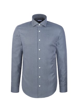 Koszula zapinana na guziki w granatowo-białą kratę, wykonana z bawełny. Posiada kołnierz typu point oraz długie rękawy z guzikami.