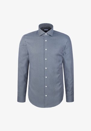 Koszula zapinana na guziki w granatowo-białą kratę, wykonana z bawełny. Posiada kołnierz typu point oraz długie rękawy z guzikami.