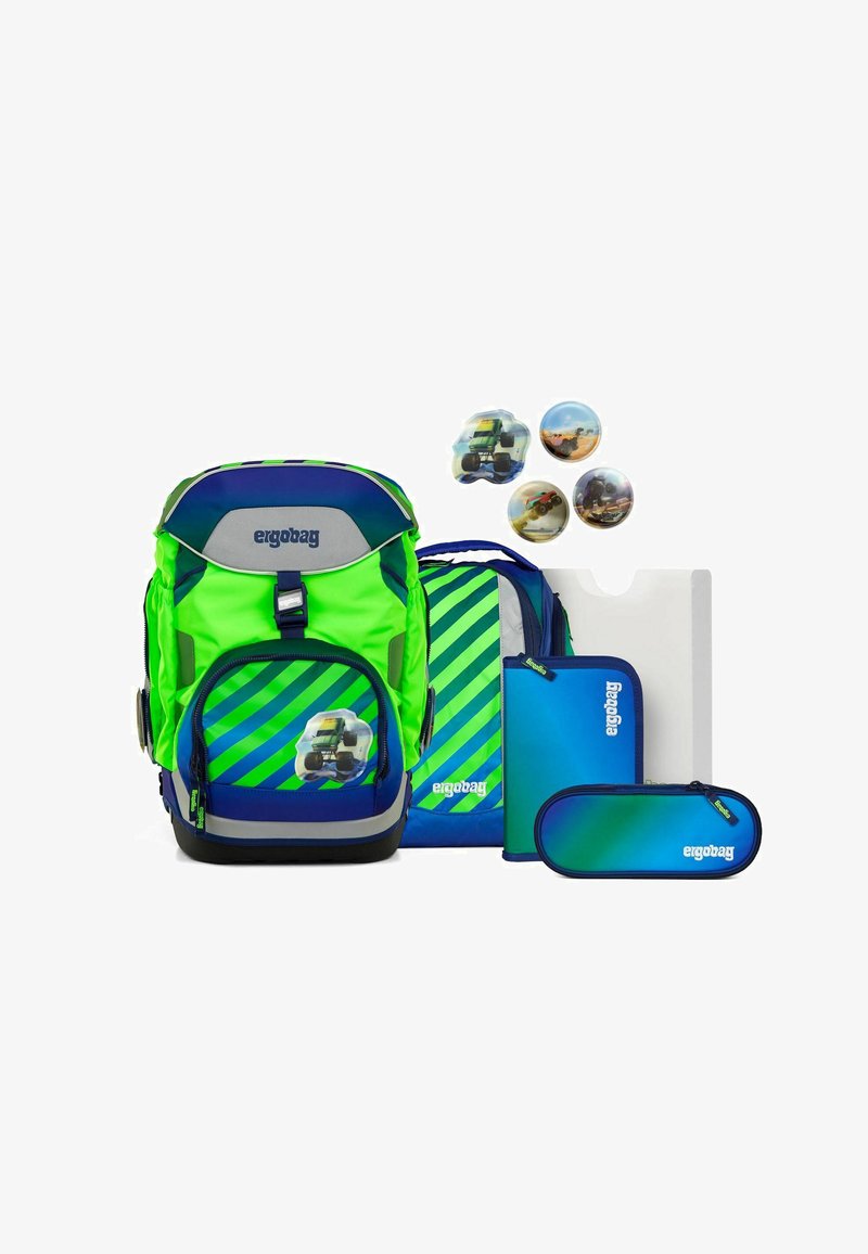 Backpack set in bright green and blue with striped patterns, includes a main backpack, pencil case, and accessories featuring vehicle graphics.