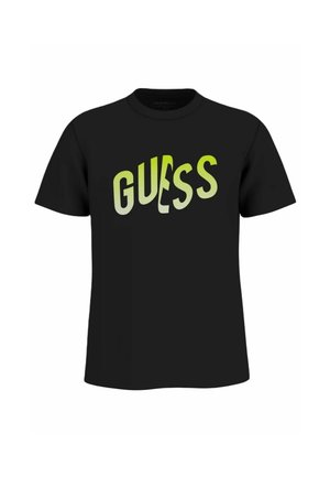 T-shirt nera a maniche corte con logo GUESS distorto di colore verde lime stampato sul petto.
