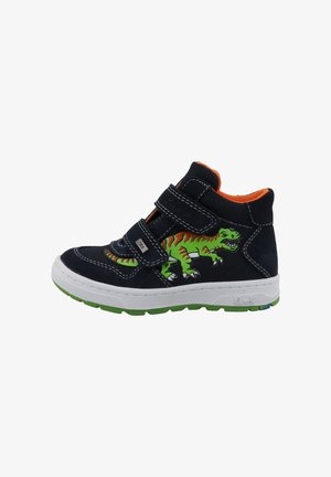 Tumed sinised laste kõrgevarvased spordijalatsid dinosauruse graafikaga. Varustatud reguleeritavate Velcro rihmade, oranžide aktsentide ja rohelise kummitaldiga.