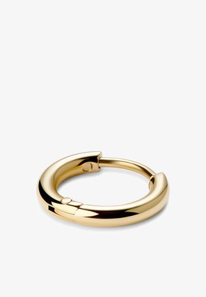 Guldfarvet hoopørering med en glat, poleret overflade. Har en låsemekanisme og en rund, tyk form, der øger holdbarheden.