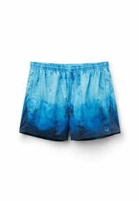 Bañador azul con un diseño degradado de azul claro a oscuro, un acabado texturizado, cinturilla elástica y cierre con cordón.