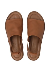 Braune Ledersandalen mit flacher Sohle, offener Zehenpartie und einem breiten Vorderband. Sie haben eine glatte Textur und kontrastierende Nähte.