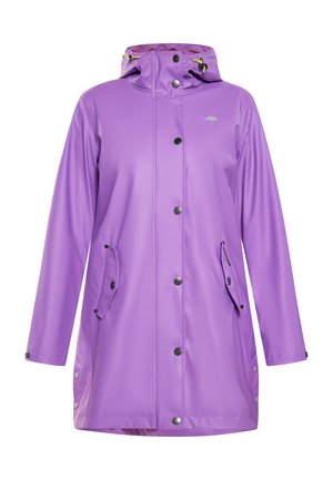 Imperméable violet avec capuche, boutons-pression et poches latérales. Texture lisse avec cordons ajustables et logo.