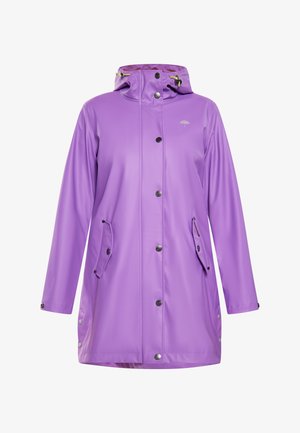 Piumino impermeabile viola con cappuccio, bottoni a pressione e tasche laterali. Texture liscia con stringhe regolabili e dettaglio del logo.