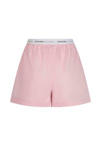 Rosa Baumwollshorts mit einem elastischen Bund, der ein schwarzes Logo-Band zeigt. Das Design ist lässig mit einem geraden Schnitt und einer glatten Textur.