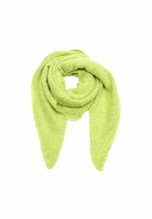 Lime green scarf made of soft, textured fabric, featuring a triangular shape that wraps around the neck with pointed ends.