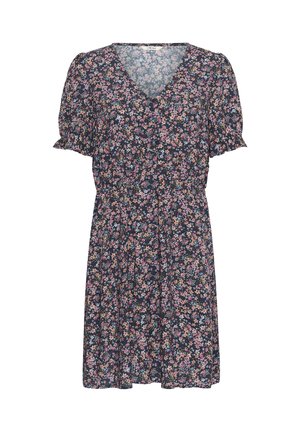 Rochie până la genunchi, de culoare albastru închis, cu model floral în nuanțe de roz, portocaliu și albastru deschis, mâneci scurte bufante, decolteu în V și talie adunată.