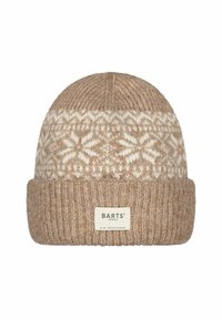 Braune Strickmütze mit weißem Schneeflockenmuster, geripptem Bündchen und einem kleinen Markenlabel auf der Vorderseite. Ist ein warmes Winteraccessoire.