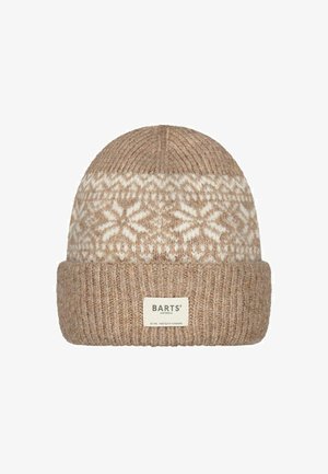Brown knit beanie with white snowflake pattern, ribbed cuff, and a small brand label on the front. Makes for a warm winter accessory.