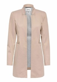 Blazer long rose clair en tissu doux. Caractéristiques : col cranté, devant ouvert et deux poches latérales. Design décontracté avec une coupe confortable.