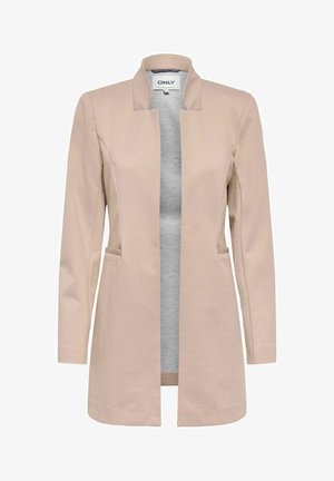 Vaaleanpunainen pitkä bleiseri, valmistettu pehmeästä kankaasta. Siinä on lovikaulus, avoin etuosa ja kaksi sivutaskua. Rentoon tyyliin sopiva mukava istuvuus.