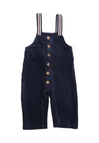 Marineblaue Corduroy-Latzhose mit verstellbaren gestreiften Trägern, fünf Holzknöpfen vorne und geradem Beinverlauf. Strukturierte Stoffdetails.