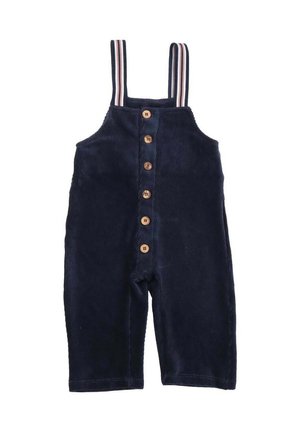 Navy corduroy overalls with adjustable striped straps, five wooden buttons down the front, and straight-cut legs. Textured fabric detail.